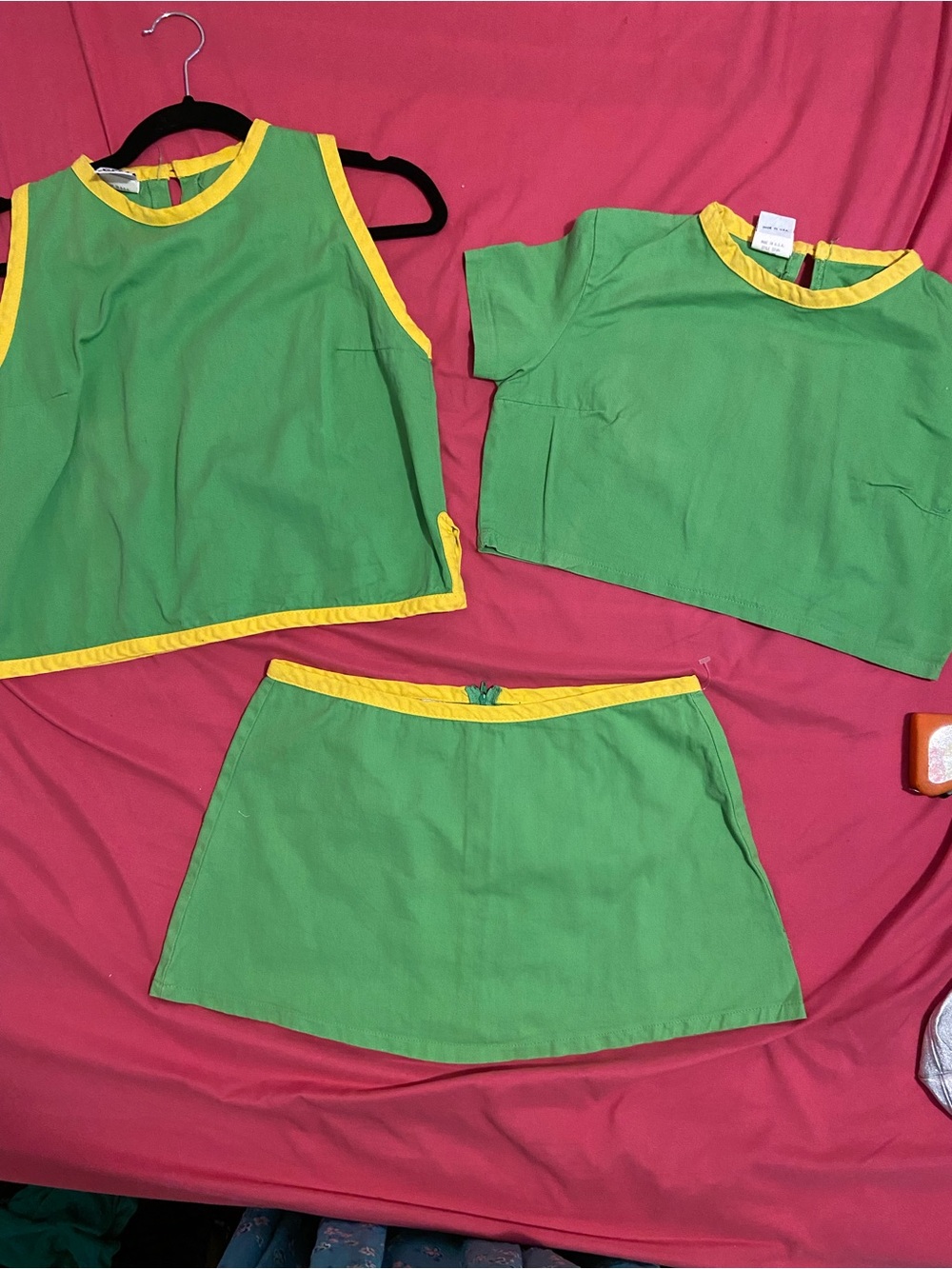 VINTAGE 90’s XGIRL Green & Yellow Trim Three-Piece Set - Crop Tops + Mini Skirt